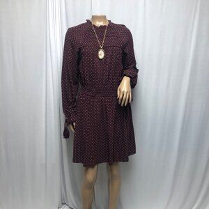 TopShop Peasant Dress Womens Size 10 Maroon White Polka Dots Smocked Long Sleeve